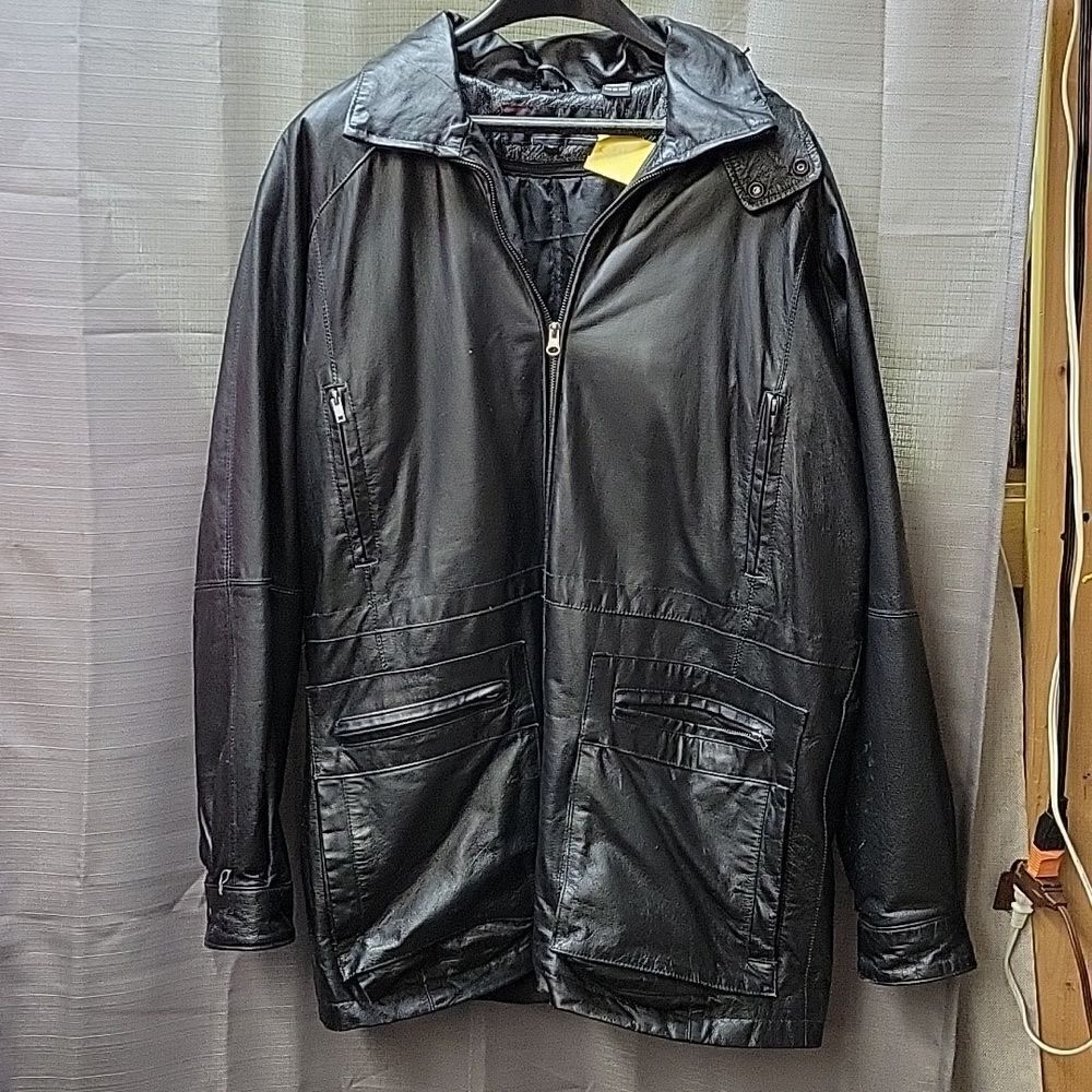 Phase Two black leather hooded jacket/coat, size M